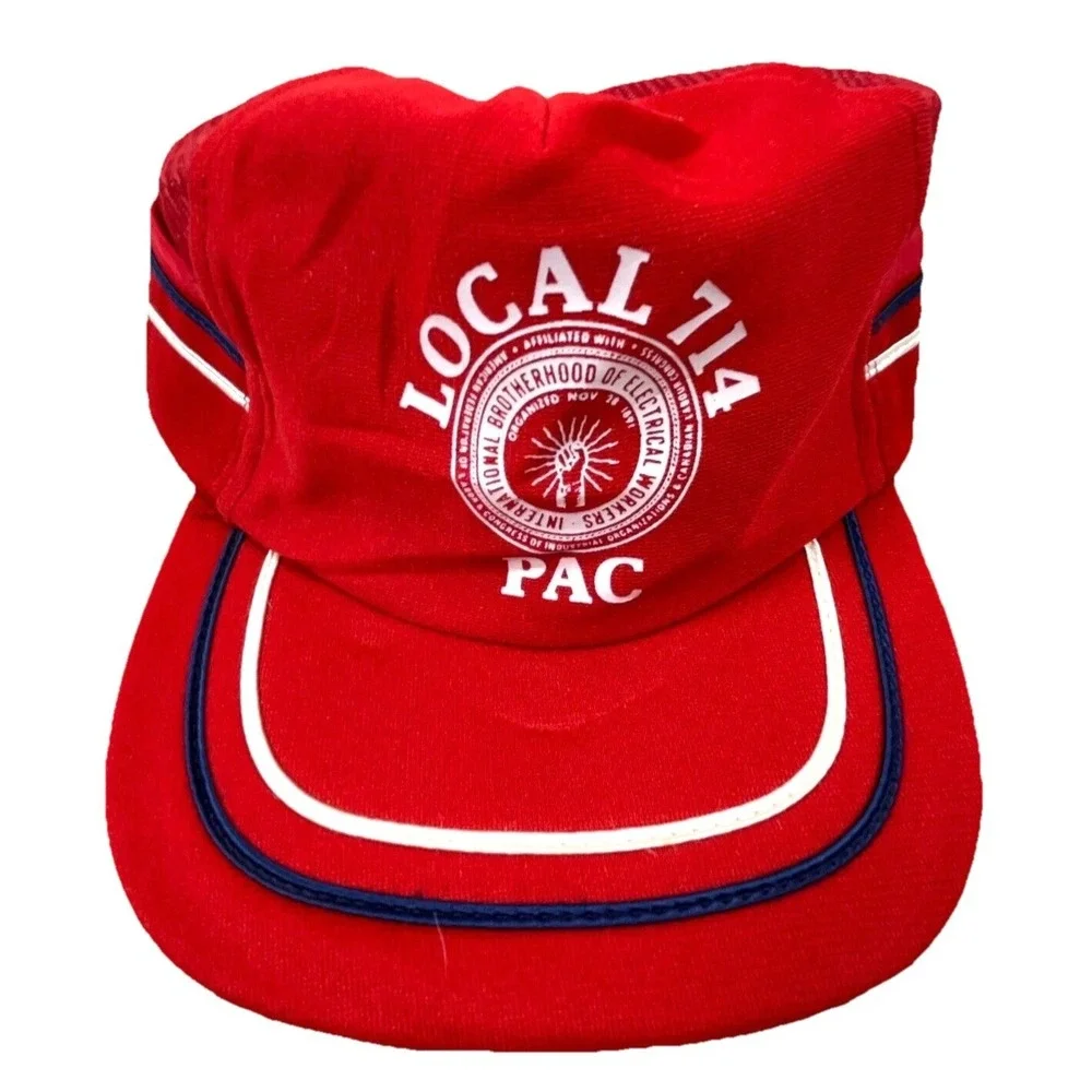 Vintage Trucker Hat Cap Snap Back Red White Blue Side Stripe USA 80s 90s‎ IBEW
